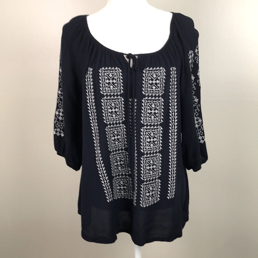 SOLITAIRE Boho Peasant Blouse Long Sleeve Blue Embroidered